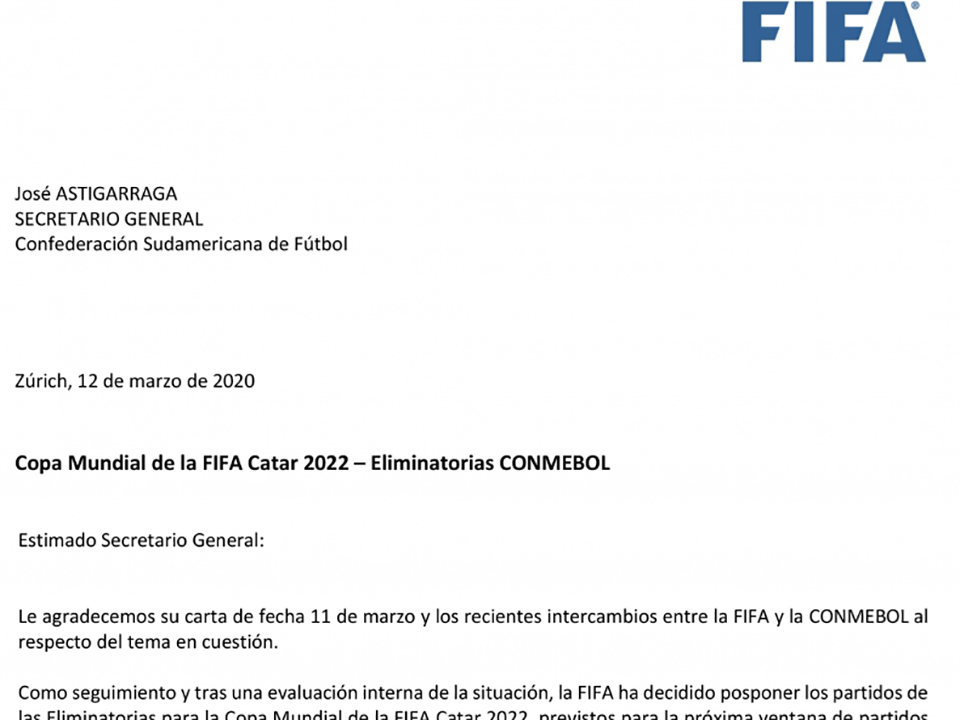 Conmebolからの要請をfifaが承認 ワールドカップ南米予選の第1節と第2節は順延決定 Conmebol 南米サッカー連盟 が要請した ワールドカップ22カタール大会の南米予選の開催延期をfifa 国際サッカー連盟 が承認 Cartao Amarelo 中南米サッカーサイト